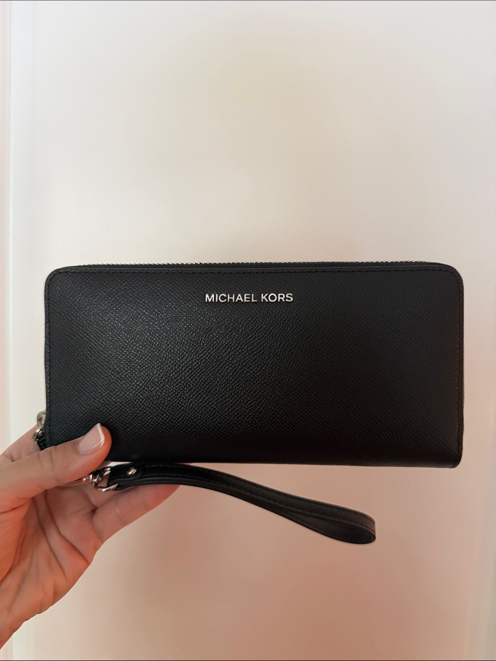Michael Kors Black Pebble Leather Zip-Around Wristlet Wallet with Silver Logo
